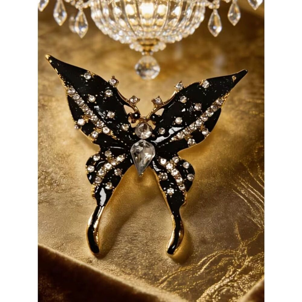 Brooch Black Enamel Butterfly & Rhinestone Lapel Pin Timeless Elegance Golden